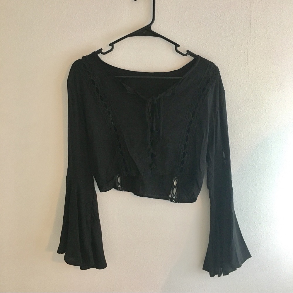 Black Bell Sleeve Boho Tie Up Top